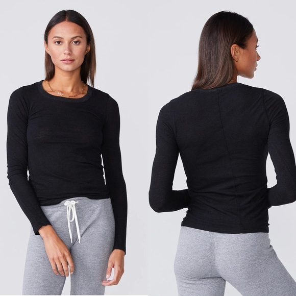 NWT Monrow Black Fitted Long Sleeve Crewneck Shirt Size XS Made in USA Lounge - Picture 1 of 9